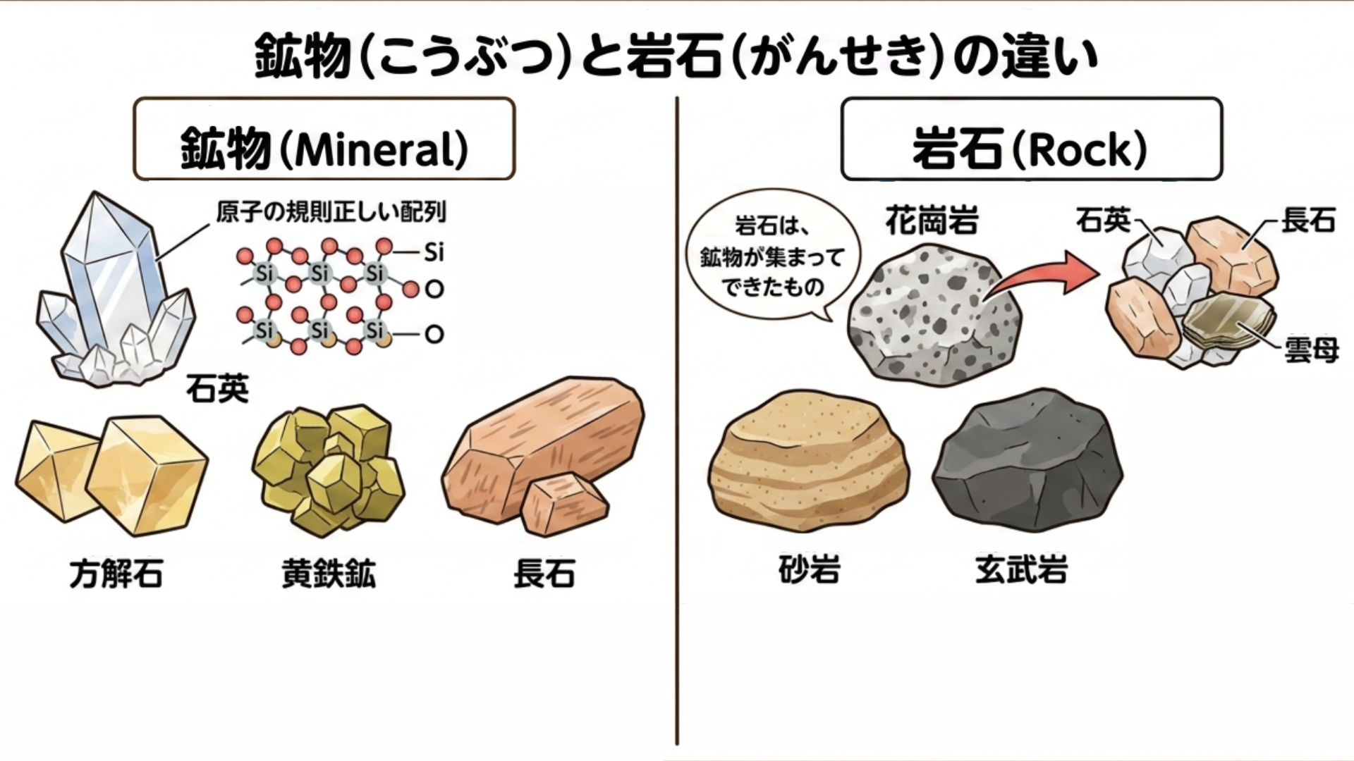 鉱物と岩石の違いを示す図解