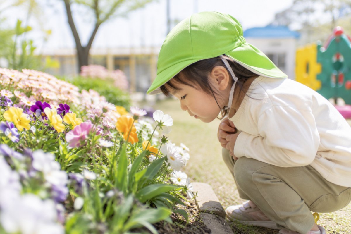 花を観察する園児